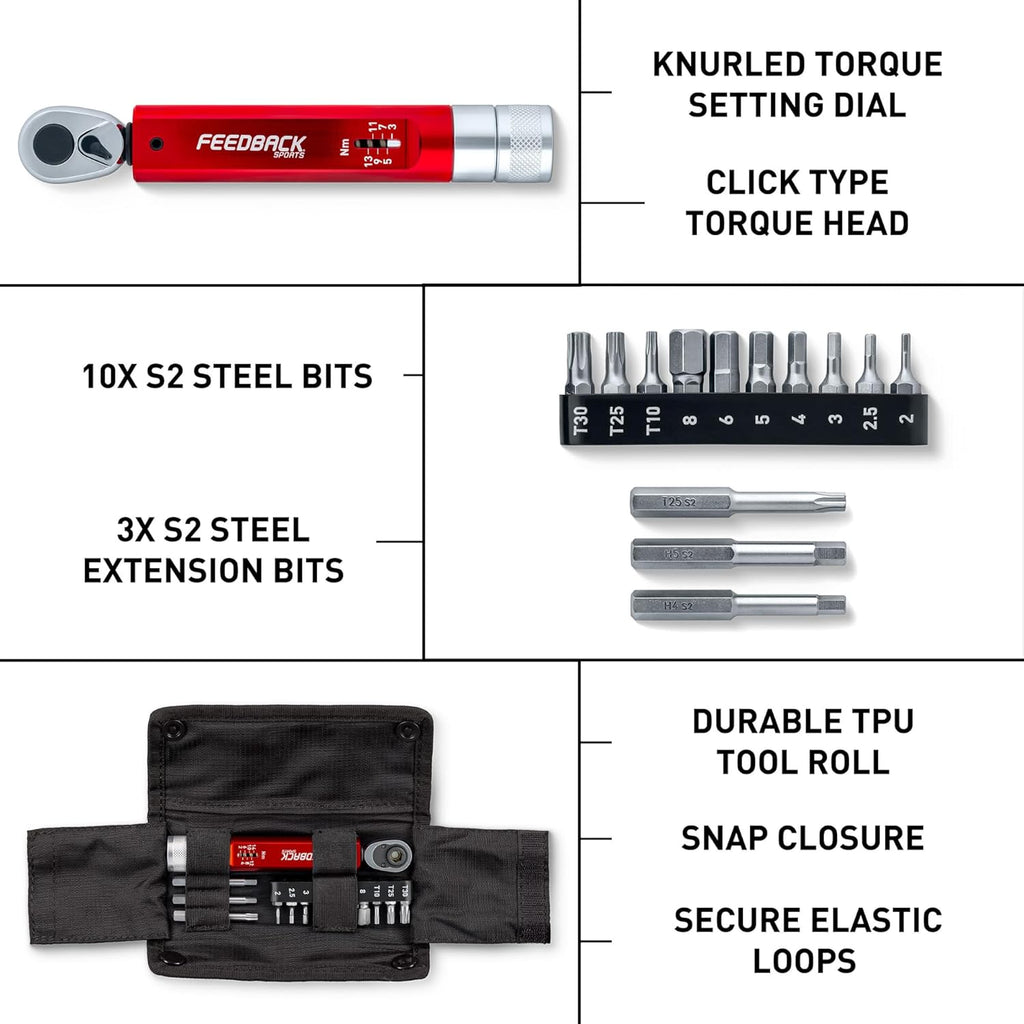 Feedback Sports | Range Click Torque Wrench Set | Adjustable Torque Ratchet Bit Driver [2-14Nm] | 13 S2 Steel Hex & Torx Bits | TPU Protective Carrying Case | Bicycle Tool Kit | Mini Torque Wrench