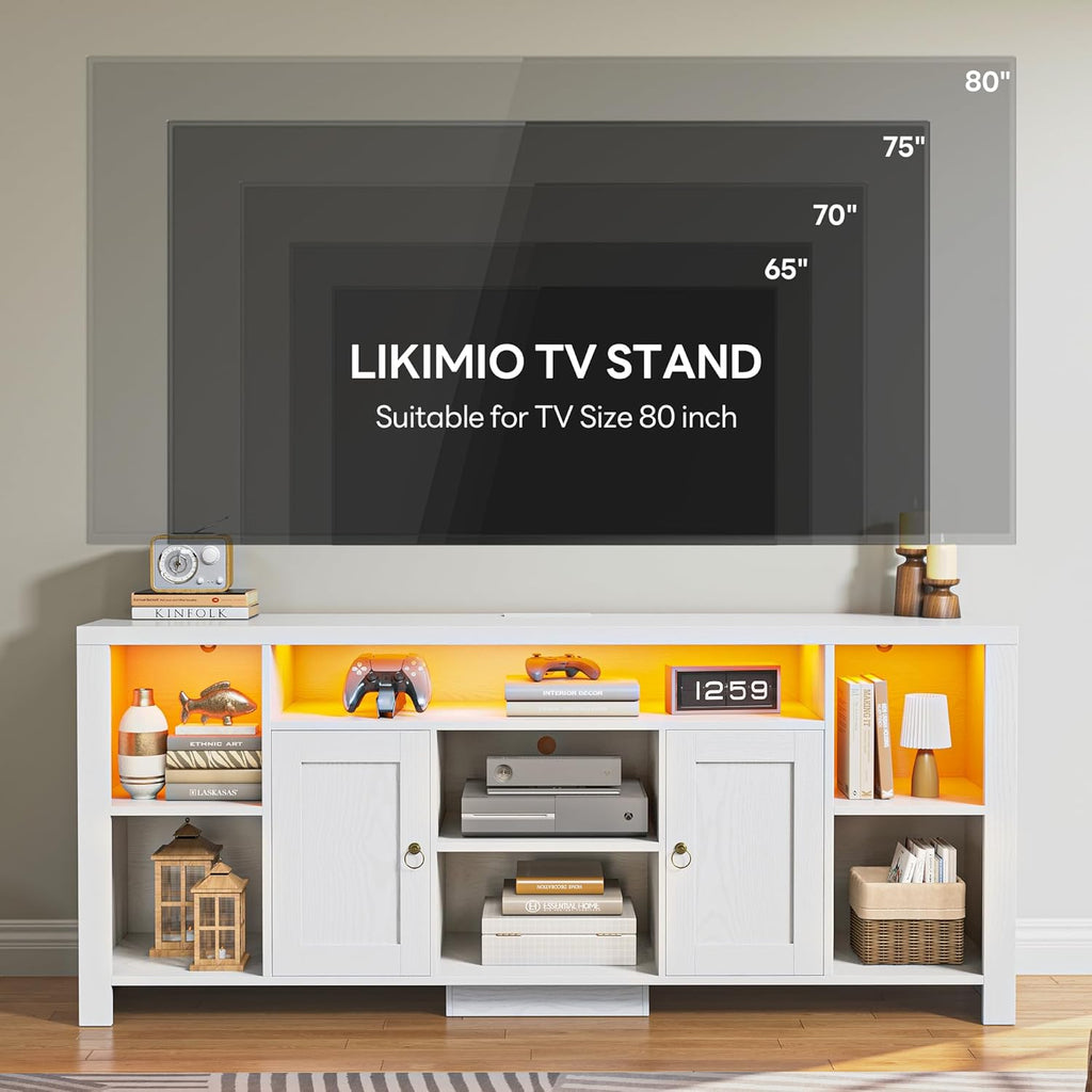 LIKIMIO TV Stand for TVs 80 inch with LED Lights & Power Outlet, Entertainment Center with Cabinets, Adjustable Shelves and Open Shelves, Modern Media TV Console Living Room, White