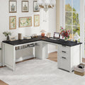Farmhouse L Shaped Executive Desk with Drawers and Storage Shelf, Corner Standing Desk with Charging Station L-Shaped Executive Desks for for Home Office, Study, Bedroom