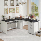 Farmhouse L Shaped Executive Desk with Drawers and Storage Shelf, Corner Standing Desk with Charging Station L-Shaped Executive Desks for for Home Office, Study, Bedroom