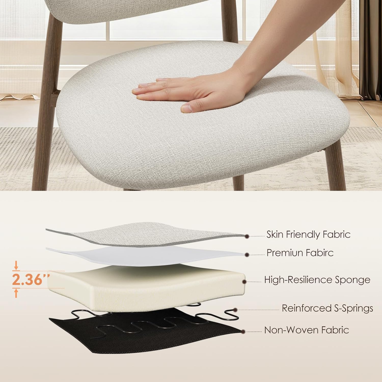 Dining Chairs Set of 4, Curved Back Kitchen Room Chairs with Metal Legs and Anti Slip Pads, Upholstered Dining Chair for Home and Restaurant, Beige