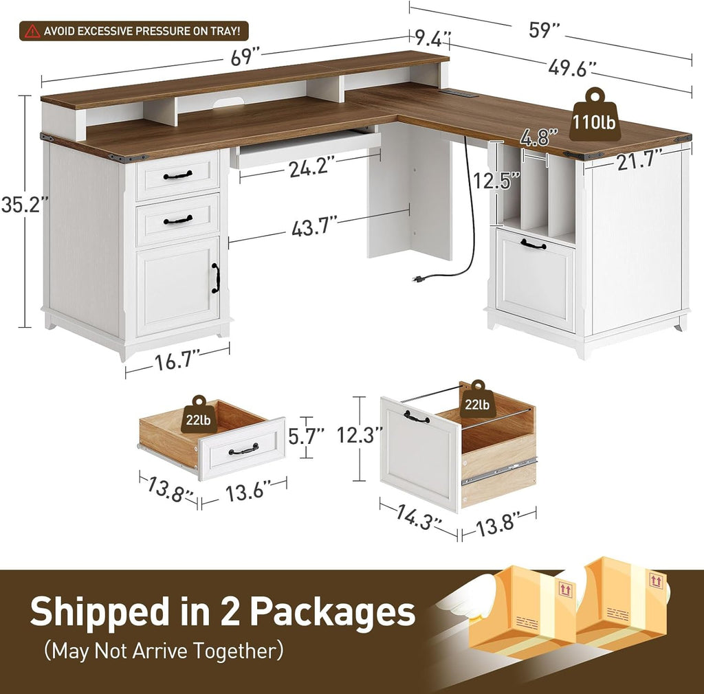 Farmhouse 69" Executive L Shaped Desk with Drawer, Home Office Desk with Charging Station, Corner Computer Desk with Monitor Stand, File Drawer, Storage Cabinet, White and Walnut