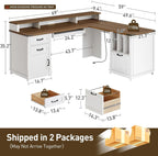 Farmhouse 69" Executive L Shaped Desk with Drawer, Home Office Desk with Charging Station, Corner Computer Desk with Monitor Stand, File Drawer, Storage Cabinet, White and Walnut