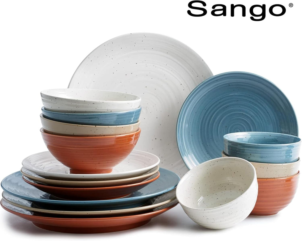 Sango Siterra Painter's Palette 16-Piece Stoneware Dinnerware Set - Service for 4, Ceramic Plates and Bowls Sets, Chip Resistant, Rustic Dishware, Microwave & Dishwasher Safe Kitchen Dishes