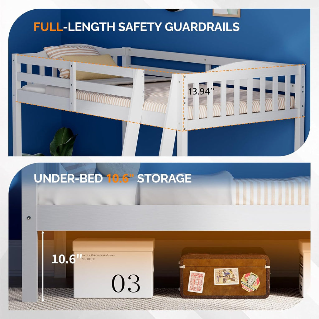 VINGLI Solid Wood Bunk Bed Twin Over Twin Classic, Twin Bunk Beds for Kids and Adults with Full Length Guardrails and Flats Pedals,Easy Assembly,No Box Spring Required,White