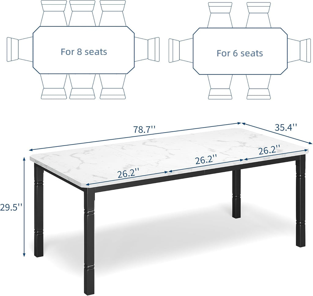 Garvee Large Dining Table for 6-8 People, 79" Wooden Kitchen Table with Sturdy Metal Frame, Dining Room Table for Dining Room, Kitchen, Black Leg & Marble White