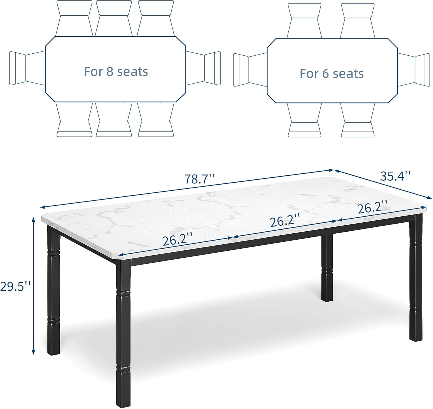 Garvee Large Dining Table for 6-8 People, 79" Wooden Kitchen Table with Sturdy Metal Frame, Dining Room Table for Dining Room, Kitchen, Black Leg & Marble White