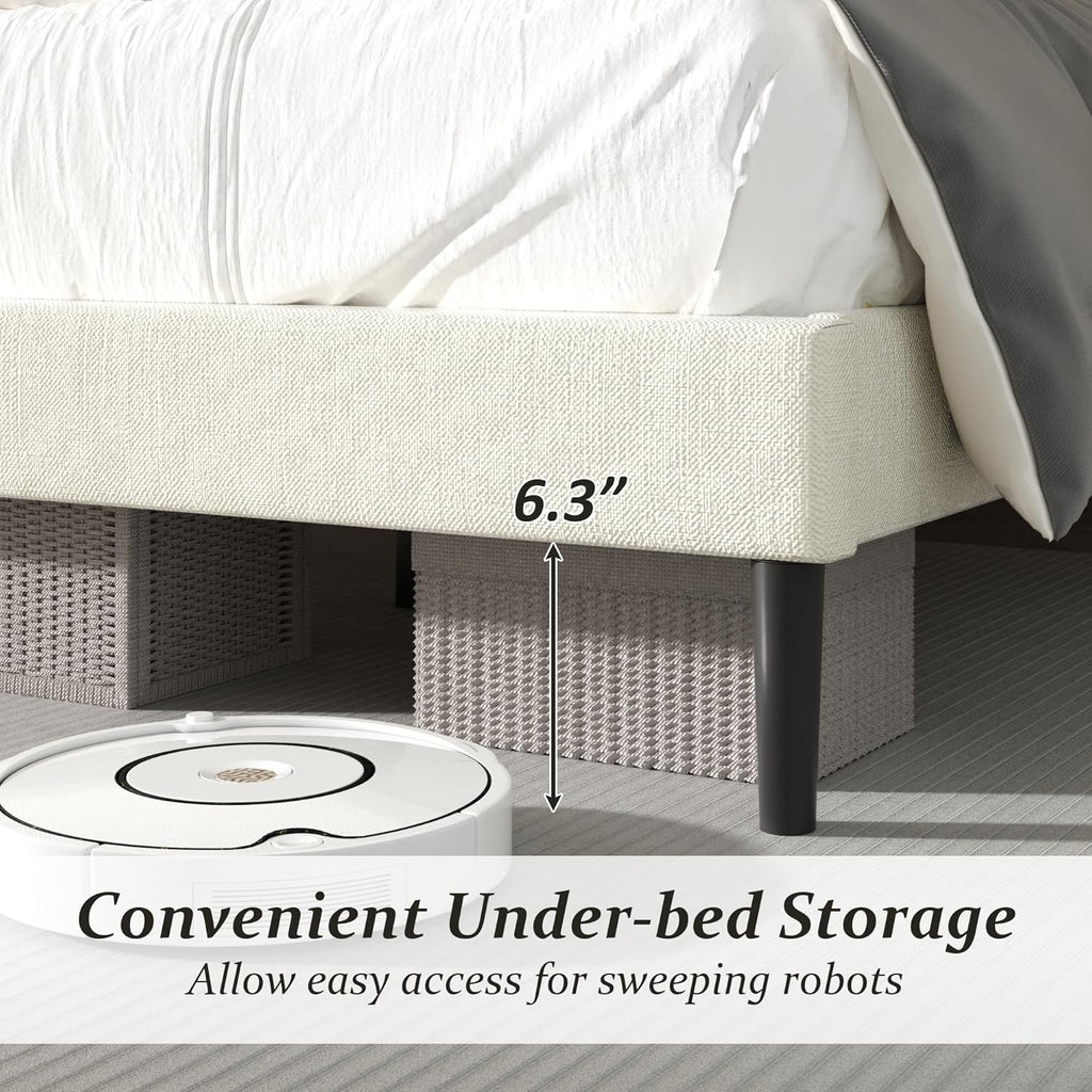 King Size Bed Frame with Fabric Upholstered Headboard, Platform Bed with Wooden Slats Support, Fully Mattress Foundation, Box Spring Optional, Easy Assembly
