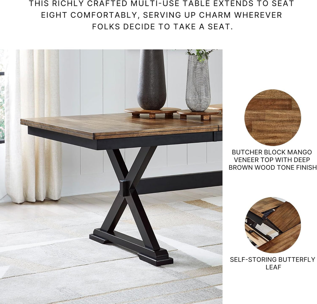 Signature Design by Ashley Wildenauer Farmhouse Dining Extension Table, Dark Brown & Black