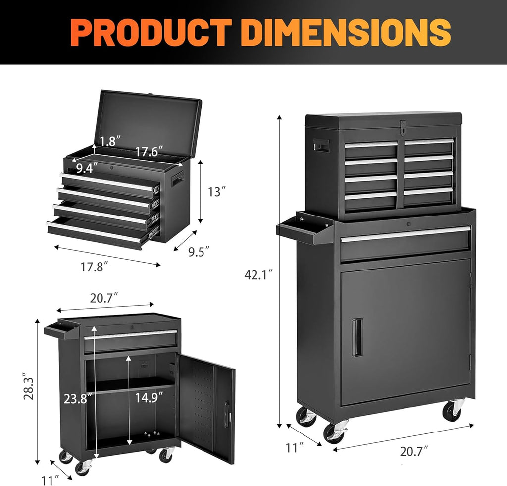 5 Drawers Tool Cart on Wheels with 1 Cabinet, Multifunctional Removable Rolling Tools Chest Storage Set, Tool Trolley Organizer Tools Box for Garage,Warehouse,Repair Shop,Workshop (Black)