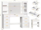 ANWBROAD 49.2" Large Vanity Desk with Mirror and Lights White Makeup Vanity Desk with Glass Top and Power Outlet 8 Drawers Nightstand 5 Hooks Vanity Table with Stool for Bedroom Women Girls UBDT88W