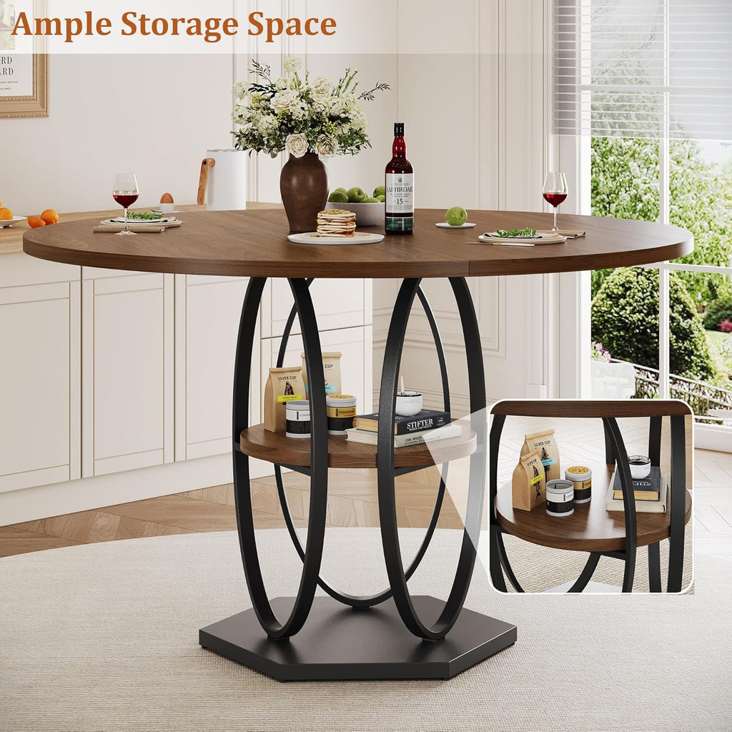 47.2" Round Dining Table for 4-6, Circle Kitchen Table with Open Storage Shelf, Modern Wooden Dinner Table with Metal Pedestal Base, Dining Room Tables for Kitchen Small Space, Walnut