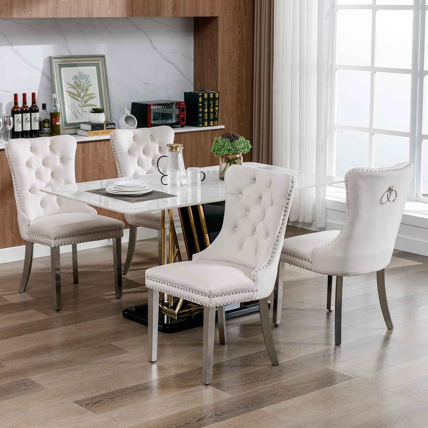 Velvet Dining Chairs Set of 6, Kitchen & Dining Room Chairs Set of 6, Tufted Dining Chairs, Velvet Upholstered, Chrome Metal Legs (Beige)