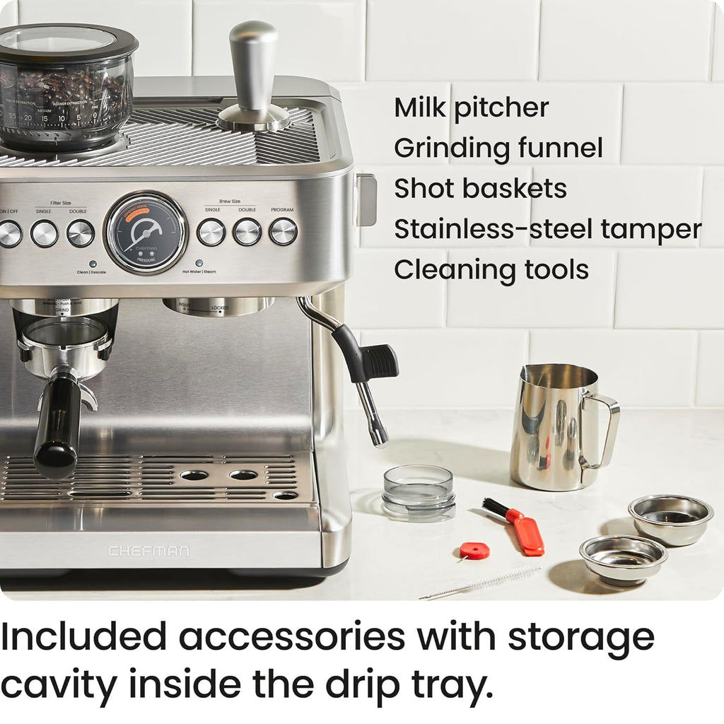 Chefman Crema Supreme 15 Bar Espresso Machine with Milk Frother, Barista Steam Wand, Professional Coffee Maker with Coffee Grinder, 30 Grind Settings, 3L Removable Water Tank - Stainless Steel