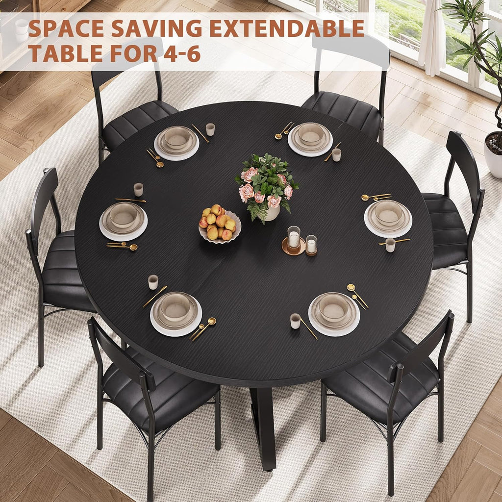 43‘’-57‘’ Extendable Round Dining Table for 4-6, Modern Industrial Kitchen Oval Dining Table with Removable Leaves, Space Saving Pedestal Base with Storage Shelf for Kitchen Living Room (Black)
