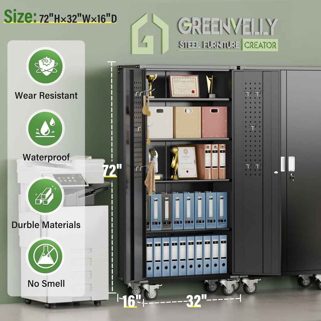 Greenvelly Metal Storage Cabinet with Wheels,72" Black Garage Storage Cabinet with Pegboards and Wheels, Rolling Tool Cabinet with Locking Doors and Shelves for Home,Basement, Kitchen