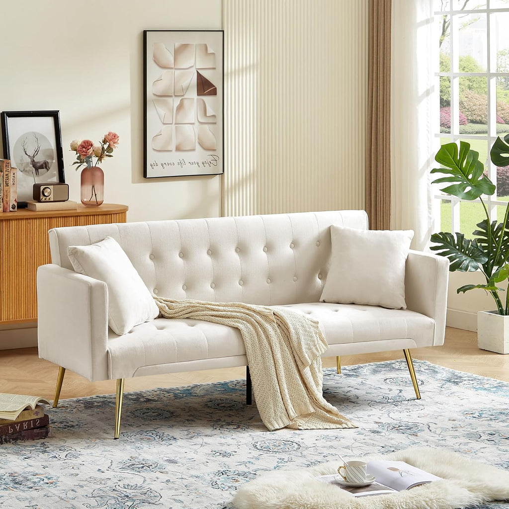 72"Modern Velvet Sofa Bed Futon,Convertible Folding Sleeper Bed Couches with 3 Adjustable Backrests,Tufted Recliner Loveseat with Golden Chrome Legs for Small Living Room Office (Beige+buttons tufted)