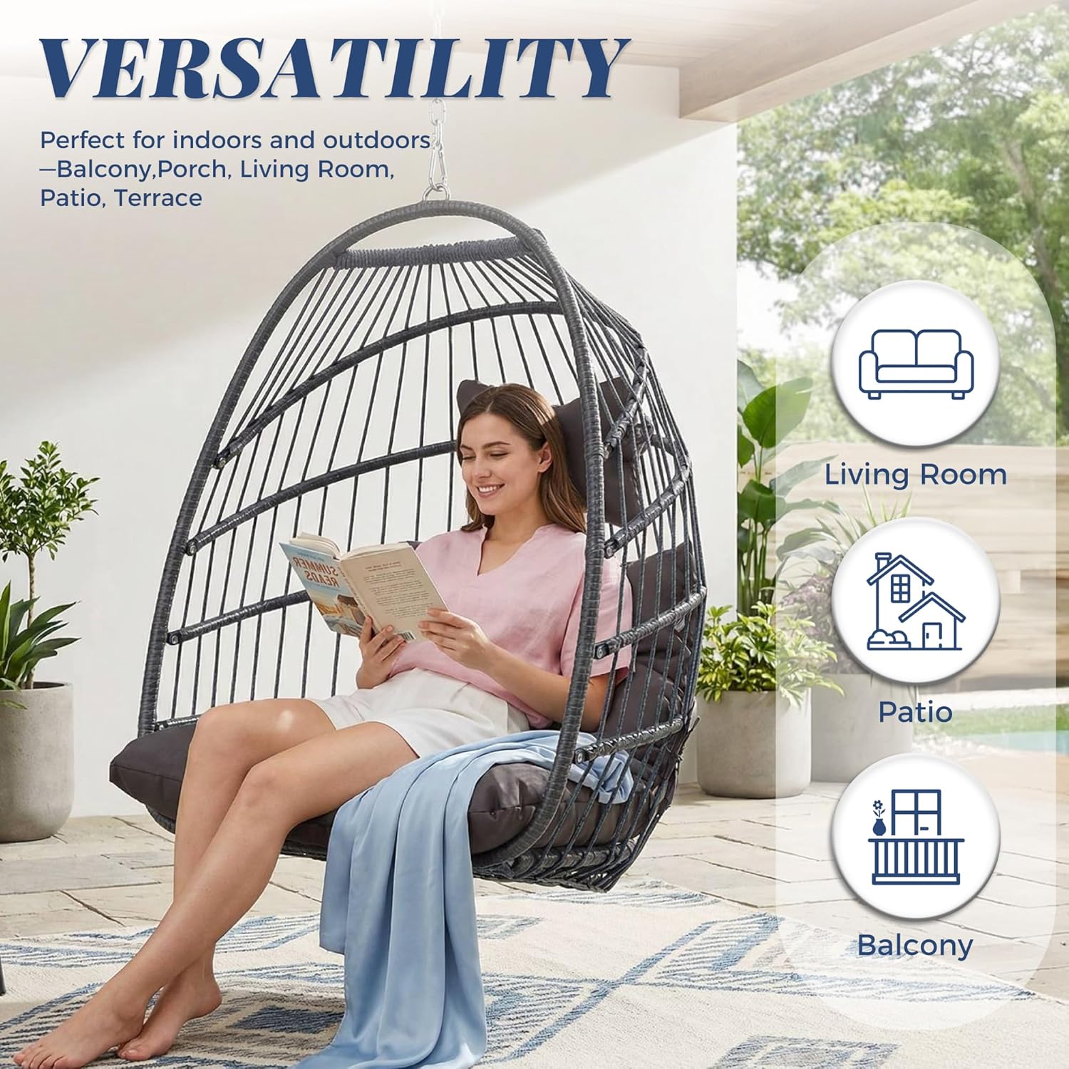 BULEXYARD Hanging Egg Chair Without Stand 350lbs Capacity, Grey Wicker Swing Egg Chair with Dark Grey Cushion for Indoor/Outdoor Patio Porch Balcony, Foldable Hammock & Tree/Ceiling/Beam Mount