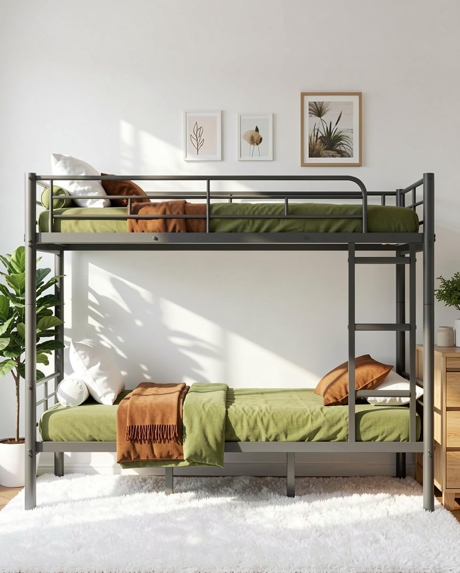 Full Over Full Bunk Bed, Convertible into 2 Full Beds, Heavy-Duty Metal Bed Frame with Safety Full-Length Guardrails & EVA Padded Ladder for Adults, Teens, Kids, No Box Spring Needed, Black