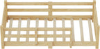 Merax Twin Montessori Floor Bed with Safety Guardrails – Solid Wood Kids Bed with Slats & Fence and Without Door, No Box Spring Needed, Natural