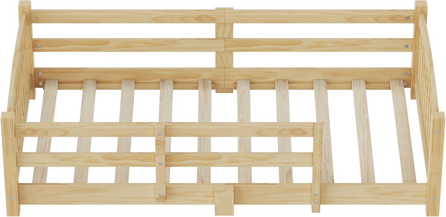 Merax Twin Montessori Floor Bed with Safety Guardrails – Solid Wood Kids Bed with Slats & Fence and Without Door, No Box Spring Needed, Natural