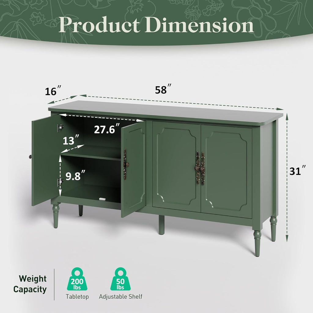 Large Sideboard Buffet Cabinet with Storage: 58'' Modern Credenza Buffet Table Coffee Bar Wine Bar Storage Sideboard with 4 Doors for Dining Room Living Room (Forest Green)