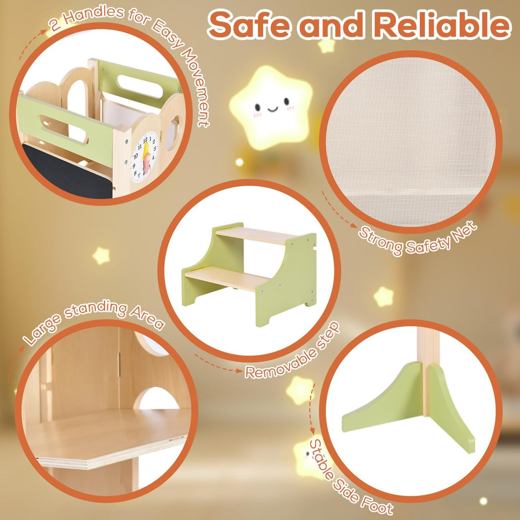 6 in 1 Toddler Tower with Removable Ladder, Foldable Wooden Kitchen Step Stool for Kids, Adjustable Children Helper Tower for Baby, Standing Tower with Safety Equipment and Black Board