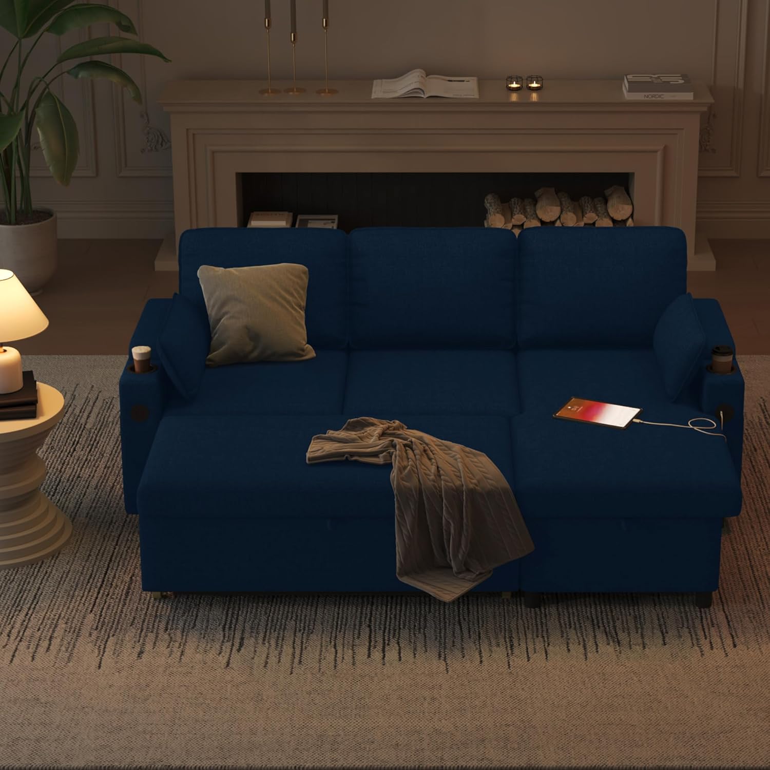 DURASPACE Sofa Bed Sleeper Pull Out 2 in 1 Sectional Sleeper Sofa Couches with Storage,USB, Cup Holder,Pullout Sectional Couches for Apartment Living Room (Blue)