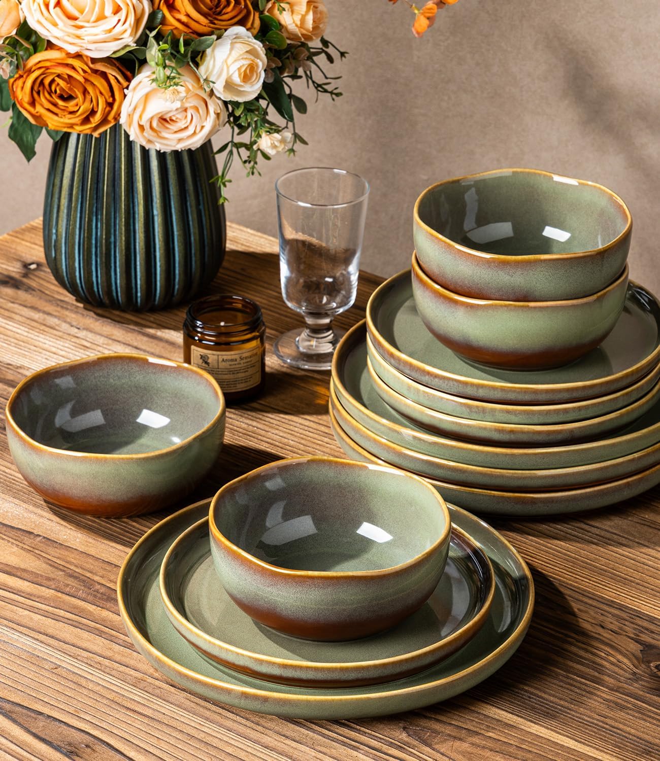 TheTerra Ceramic Dinnerware Sets for 6, 18 Pieces Handmade Reactive Glaze Plates and Bowls Sets, Scratch Resistant Dish Set, Oven & Microwave & Dishwasher Safe, Brown Green