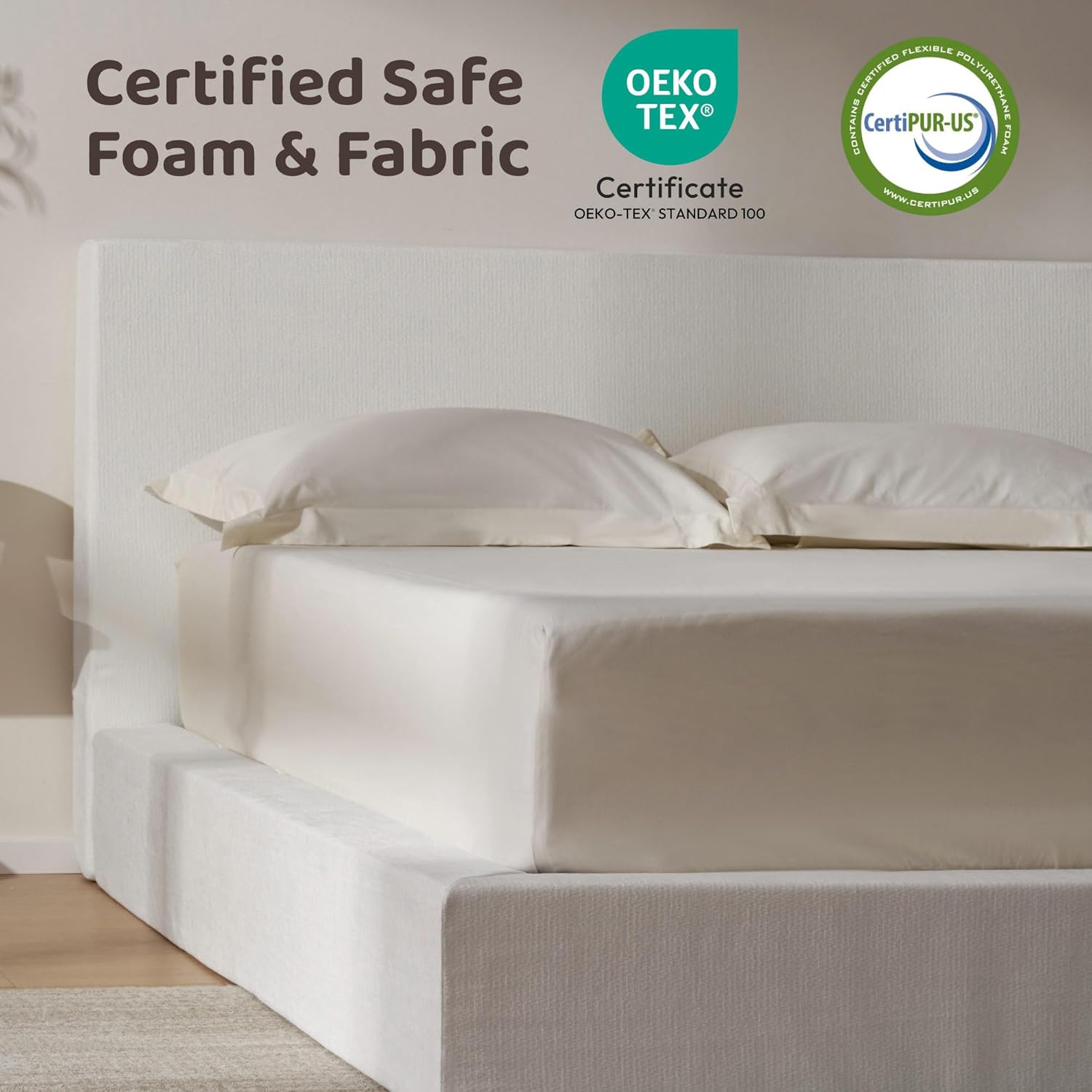 RECCI Cloud Upholstered Queen Bed Frame with Headboard, 5 Inch Foam Padded Platform, No Box Spring, Easy Assembly (Snow White)