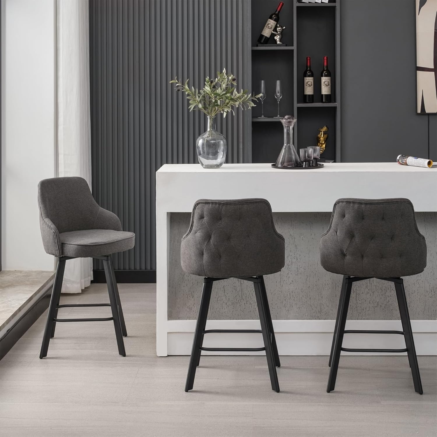Bar Stools Set of 3, 26" Swivel Counter Height Bar Stools with High Back, Linen Kitchen Barstools Counter Height for Kitchen Island (Dark Grey, 3PCS 26" Counter Stools)