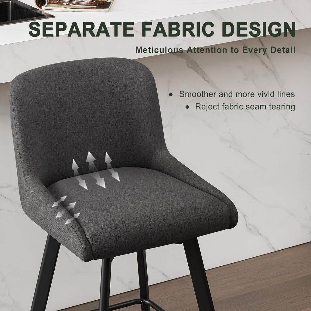 Swivel Counter Height Bar Stools Set of 4, 26''H Upholstered Barstools with Backs, Modern Bar Stool Chairs for Kitchen Island, Metal Legs, Fabric, Black Grey Stools Counter Chair