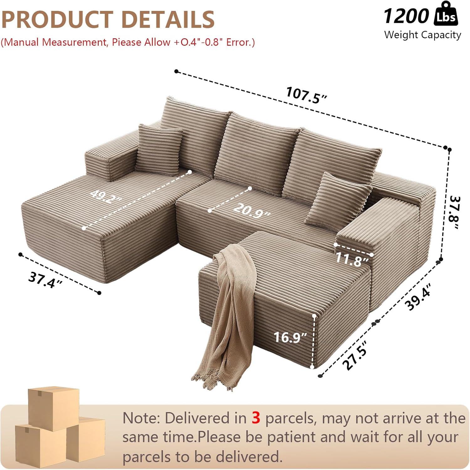 107" Modular Sectional Sofa with Ottoman, Modern Corduroy Cloud Couch with Deep Seat, Boneless Couch Upholstered 3-Seater U-Shaped Sofa for Living Room, No Assembly (Camel, Left-Facing Chaise)