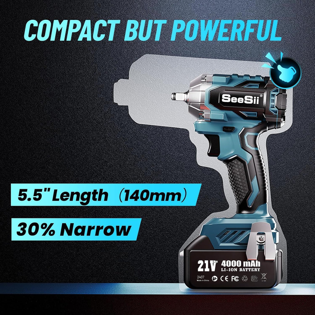 Seesii 3/8" Cordless Impact Wrench, Power Impact Gun w/Max Torque 330Ft-lbs(450N.m), 4.0Ah Rechargable Battery & 4 Sockets, Compact Power Impact Wrench for Lightduty Work Car Home,WH450