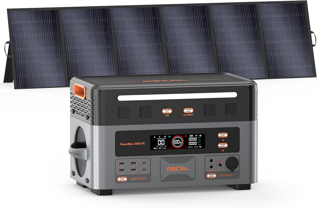 OSCAL 3600W Portable Power Station PowerMax 3600PE with 500W Solar Panel  2016Wh Solar Generator  1500W AC Charging  LiFePO4 Battery Power Station for Home Use  Camping  RV  Emergency