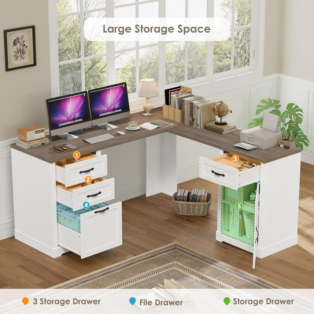 HIFIT Farmhouse Executive L Shaped Desk with Power Outlets, 60" Corner Computer Desk with 3 Storage Drawers & 2 File Cabinets, L Shaped Home Office Desk for Study, White