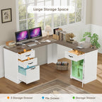 HIFIT Farmhouse Executive L Shaped Desk with Power Outlets, 60" Corner Computer Desk with 3 Storage Drawers & 2 File Cabinets, L Shaped Home Office Desk for Study, White