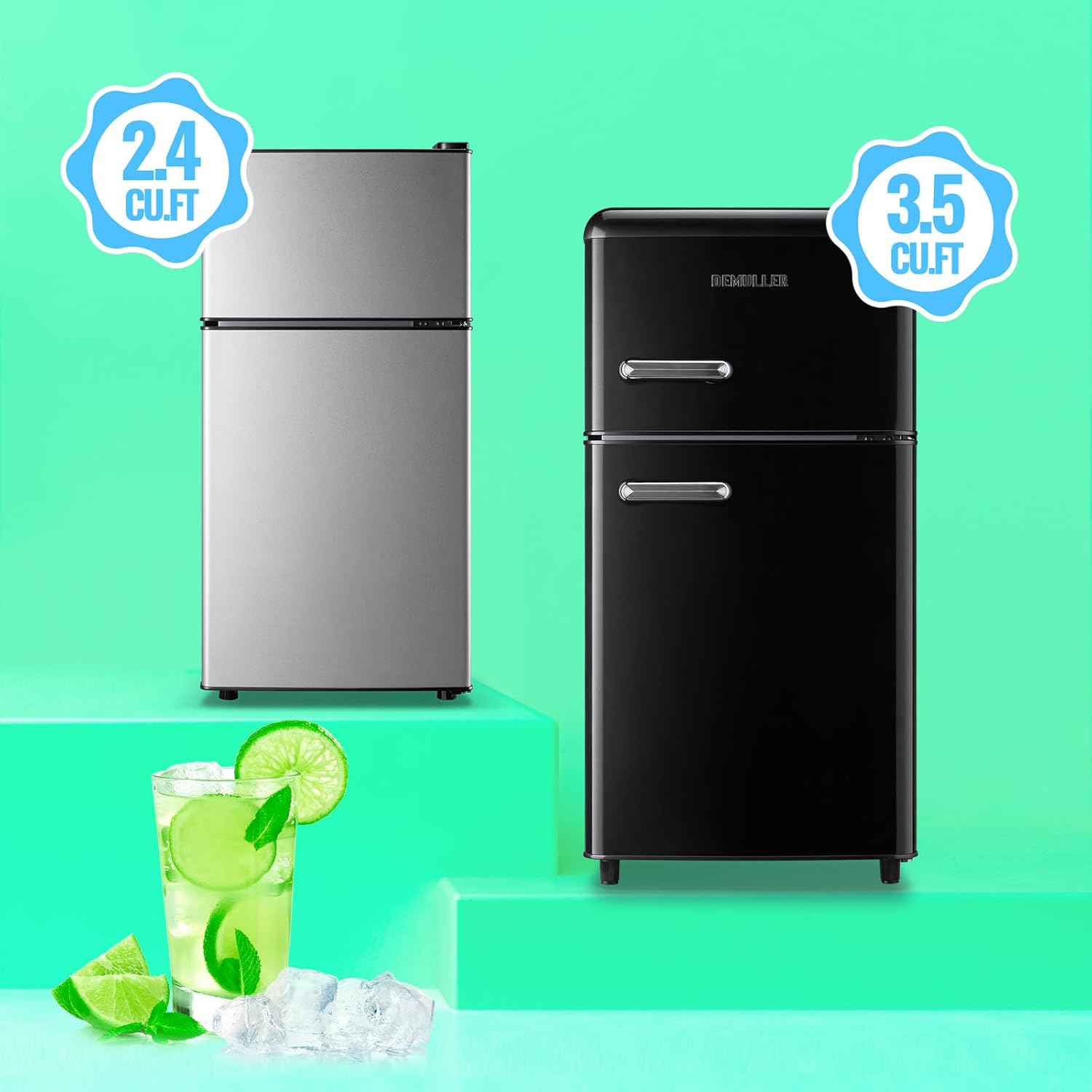 DEMULLER Mini Fridge with Freezer, 45L Personal Refrigerator Only for One Person Use, Silver Tiny Small Size Refrigerator with 7 Level Adjustable Temperature and Double Door
