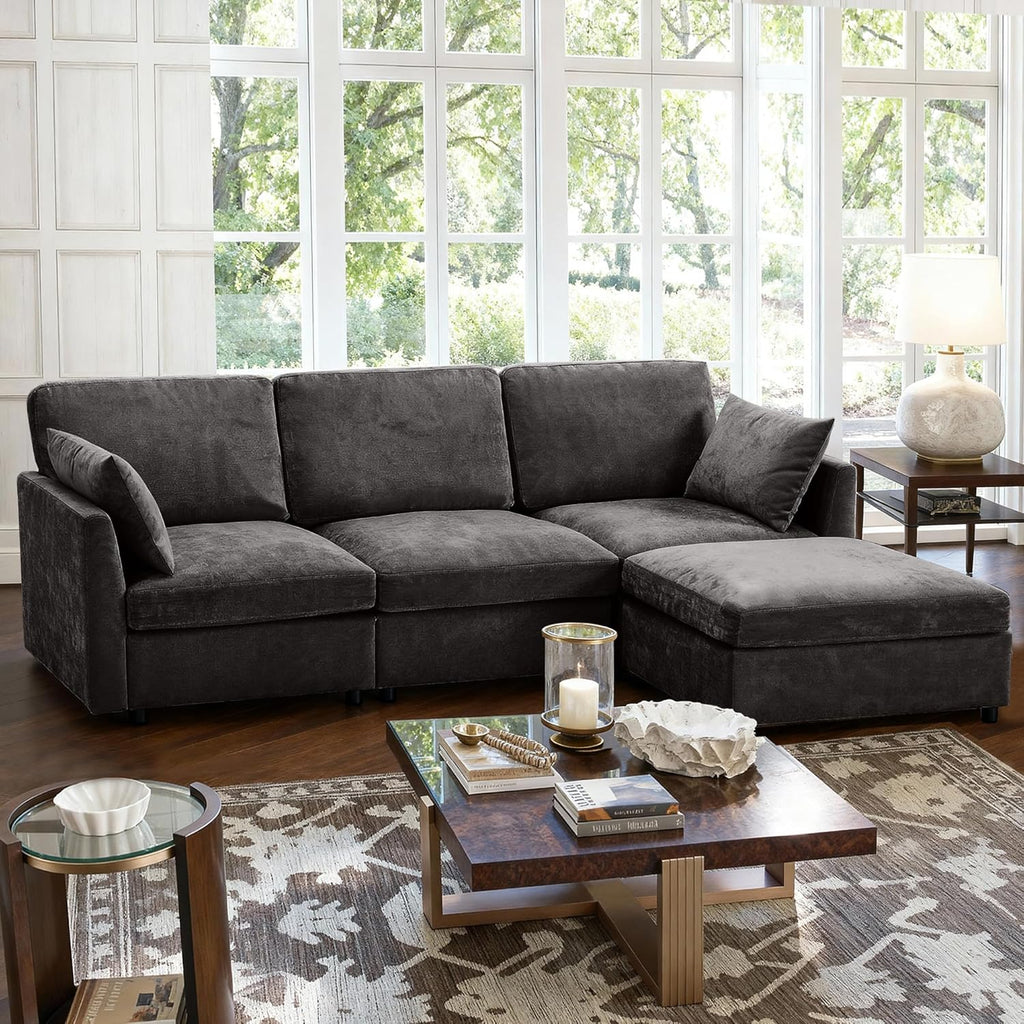 Sectional Cloud Couch for Living Room, Spring Cushion Seating, L Shaped Convertible Modular Sofa with Ottoman, Black | Movable, Balanced Comfort, Soft-Strong Chenille, Apartment-Friendly