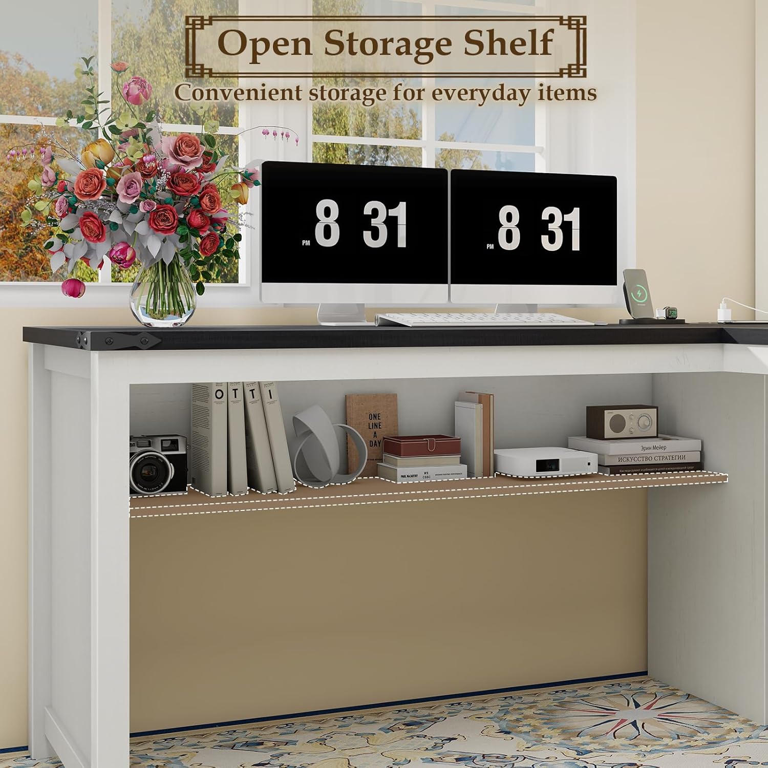Farmhouse L Shaped Executive Desk with Drawers and Storage Shelf, Corner Standing Desk with Charging Station L-Shaped Executive Desks for for Home Office, Study, Bedroom