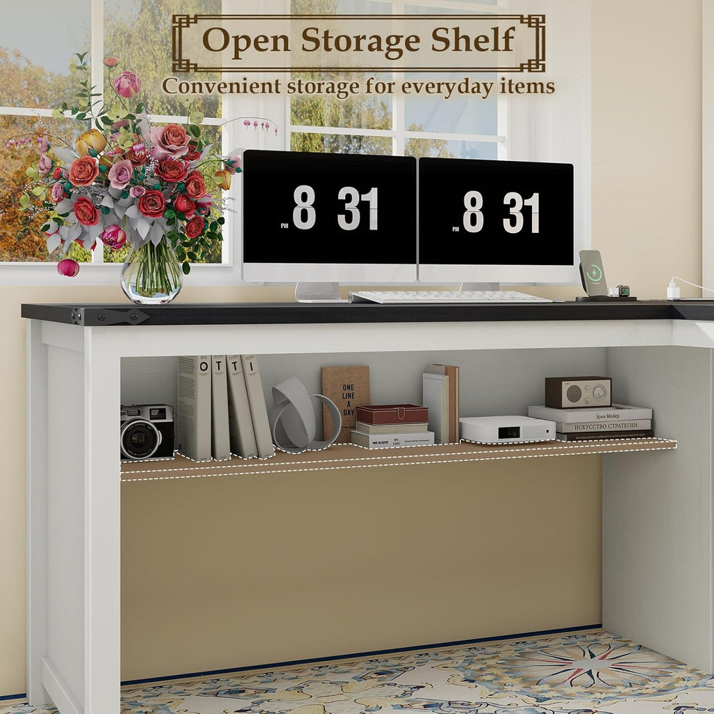 Farmhouse L Shaped Executive Desk with Drawers and Storage Shelf, Corner Standing Desk with Charging Station L-Shaped Executive Desks for for Home Office, Study, Bedroom