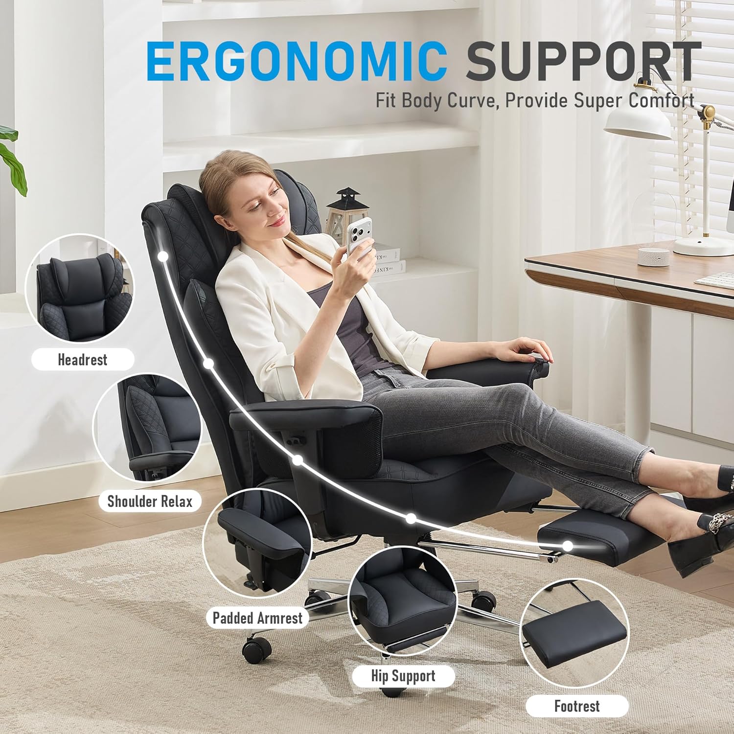Big and Tall Office Chair, Ergonomic Leather Reclining Chair with Footrest, High-Back Comfy Executive Computer Desk Chairs with Lumbar Support, Wide Seat, 400LBS (Black)