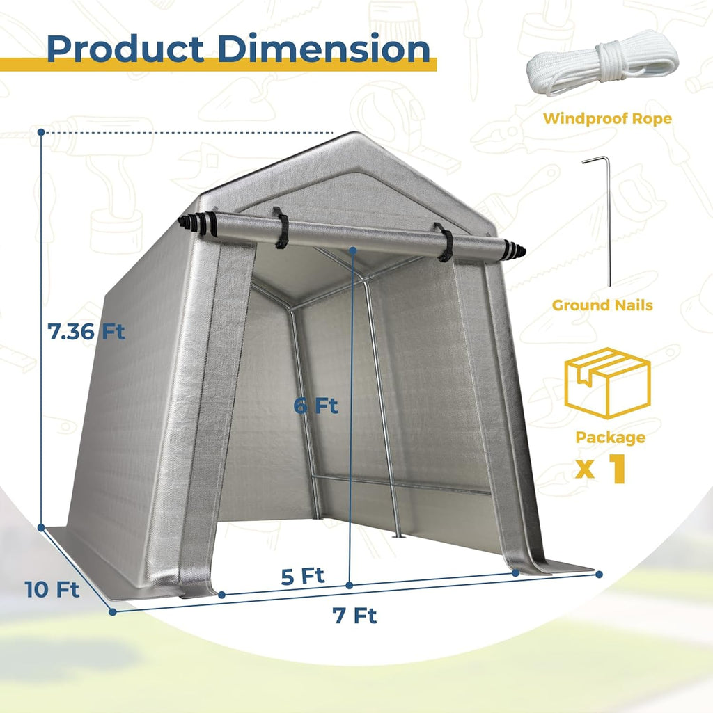 LINKHOO 7 x 10 FT Carport, Portable Shed w/220G Heavy Duty Waterproof PE Tarp, Roll-up Zipper Door & Vent, Weather-Resistant Storage Shed for Motorcycle, Bike and Tools, Gray