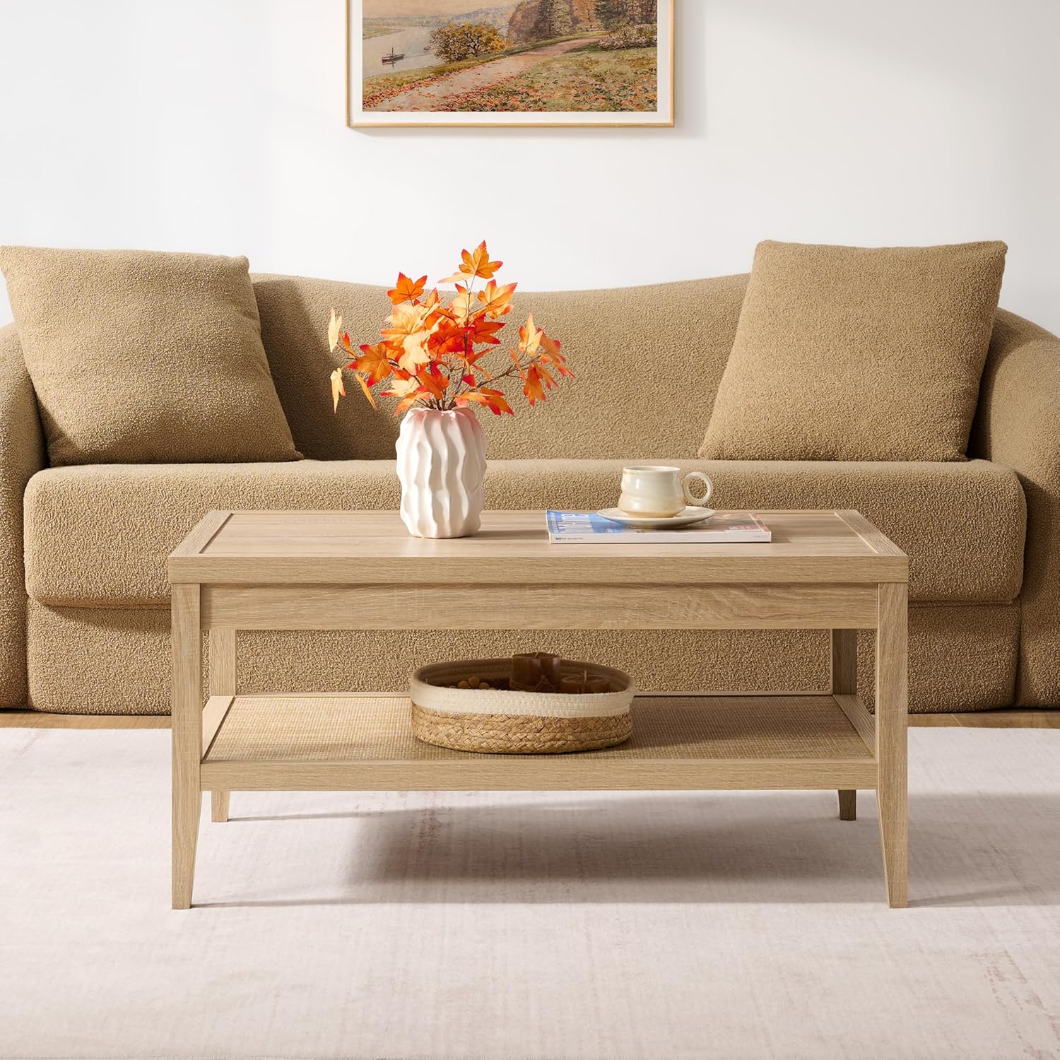 SICOTAS Rattan Coffee Table with Storage, 37.5" Large Rectangular Coffee Table with 2-Tier Shelves, Farmhouse Boho Center Table for Living Room, Office, Small Space
