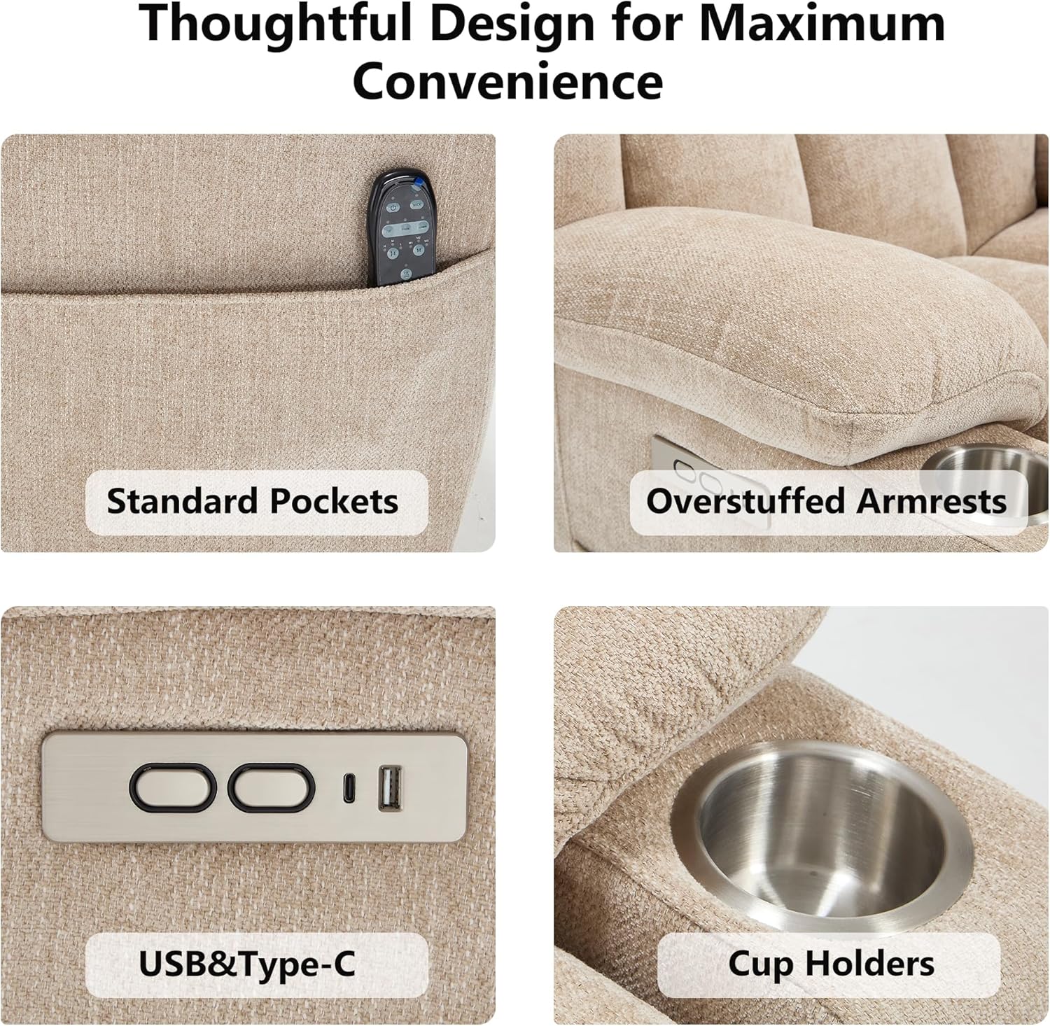 PELUMY Power Lift Recliner Chair for Elderly, Heavy Duty 350 lbs, Massage & Heat, Dual USB Ports & Cup Holders, Electric Recliner, Chenille Fabric (Beige)