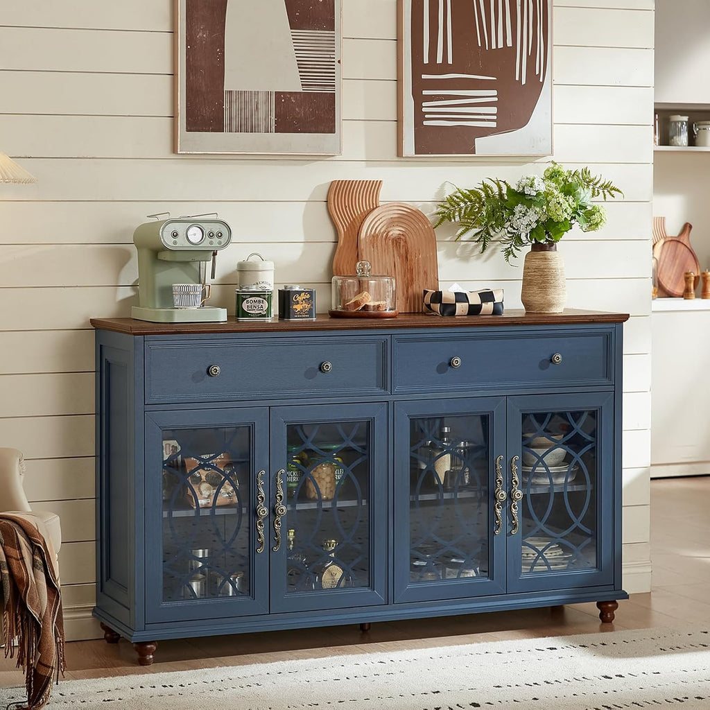 Joaxswe Farmhouse Sideboard Buffet Cabinet with Storage,59" Large Credenza with 4 Glass Doors & 2 Drawers,Adjustable Shelves Console Table,Wood Kitchen Coffee Bar for Dining Room,Living Room,Navy Blue