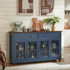 Joaxswe Farmhouse Sideboard Buffet Cabinet with Storage,59" Large Credenza with 4 Glass Doors & 2 Drawers,Adjustable Shelves Console Table,Wood Kitchen Coffee Bar for Dining Room,Living Room,Navy Blue
