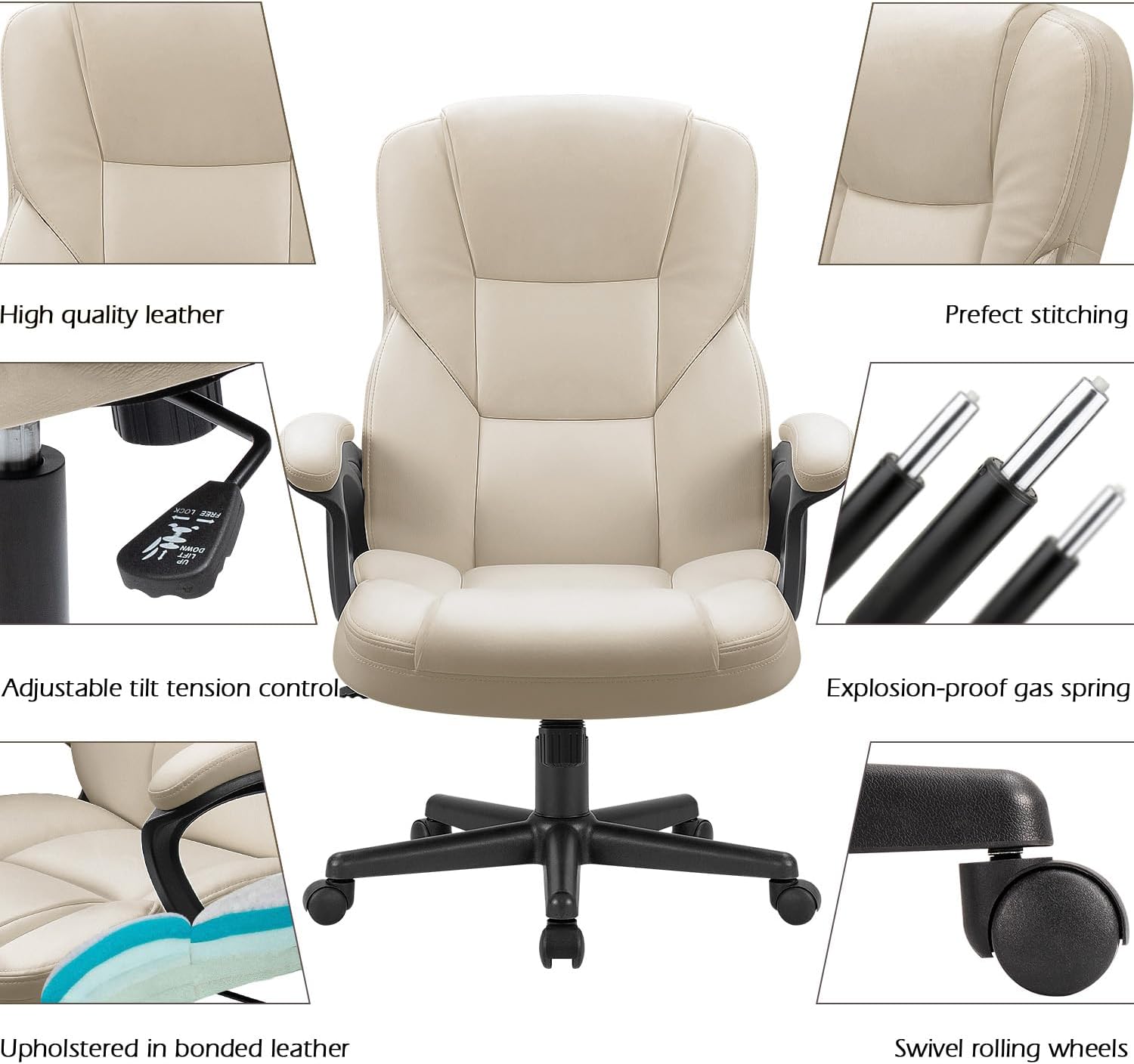 Furmax Office Executive Chair High Back Adjustable Managerial Home Desk Chair, Swivel Computer PU Leather Chair with Lumbar Support (1, Beige)