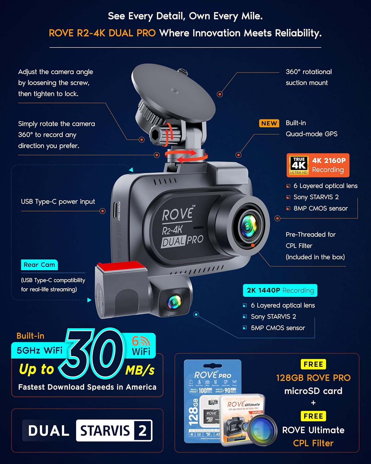 ROVE R2-4K Dual PRO Dash Cam Front and Rear  True 4K+2K Dash Camera for Cars  STARVIS 2 IMX678 + IMX675 Sensors  Free 128GB Card + CPL  WiFi 6 - up to 30MB/s Download Speed  3" IPS  24Hr Parking Mode