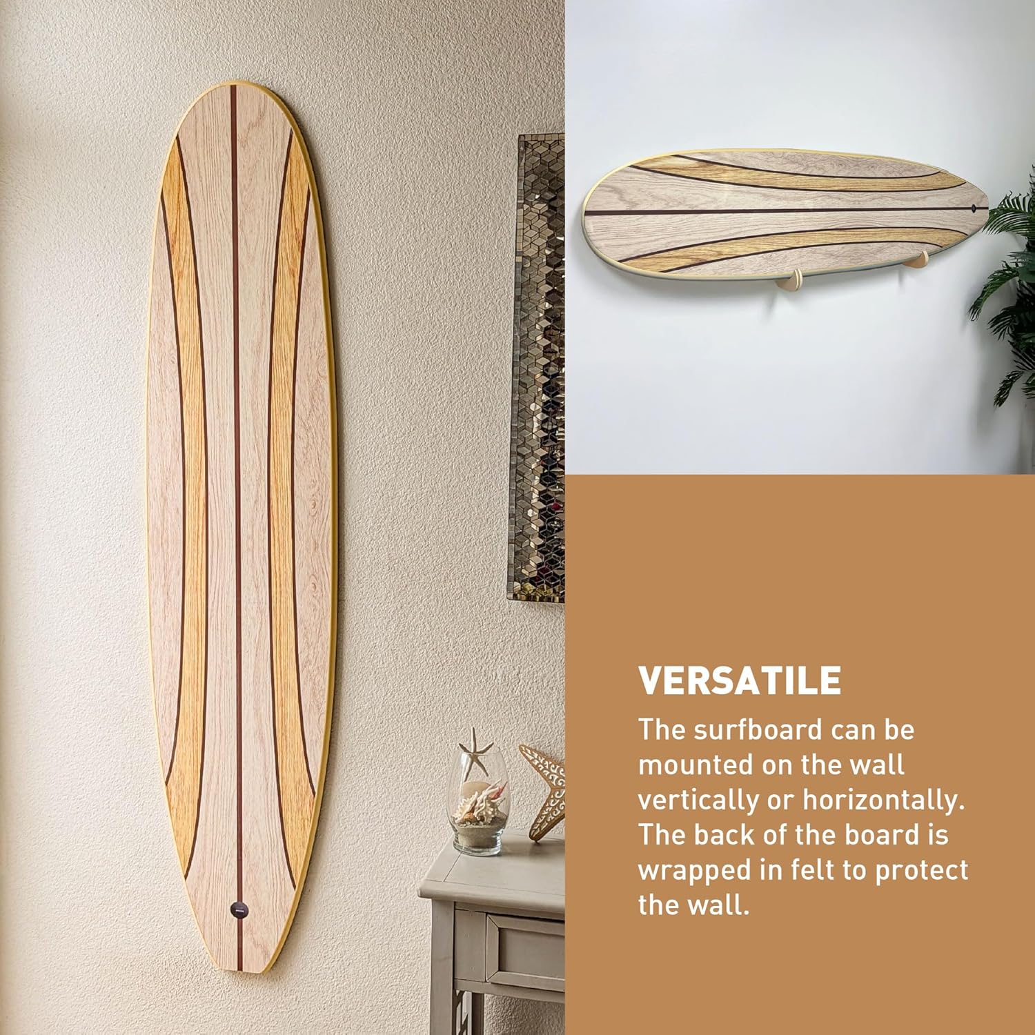 Surfboard Longboard Wall Decoration Décor - Hangs Vertical or Horizontal – Glossy Surface Like a Real Surfboard – Beach House, Coastal Living, Tropical Beach Theme – 66 inches Long